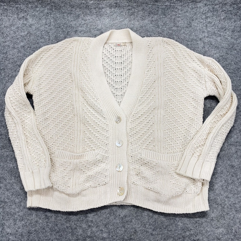 Faherty Womens White 100% Pima Cotton Open Knit Cardigan Sweater Pockets M